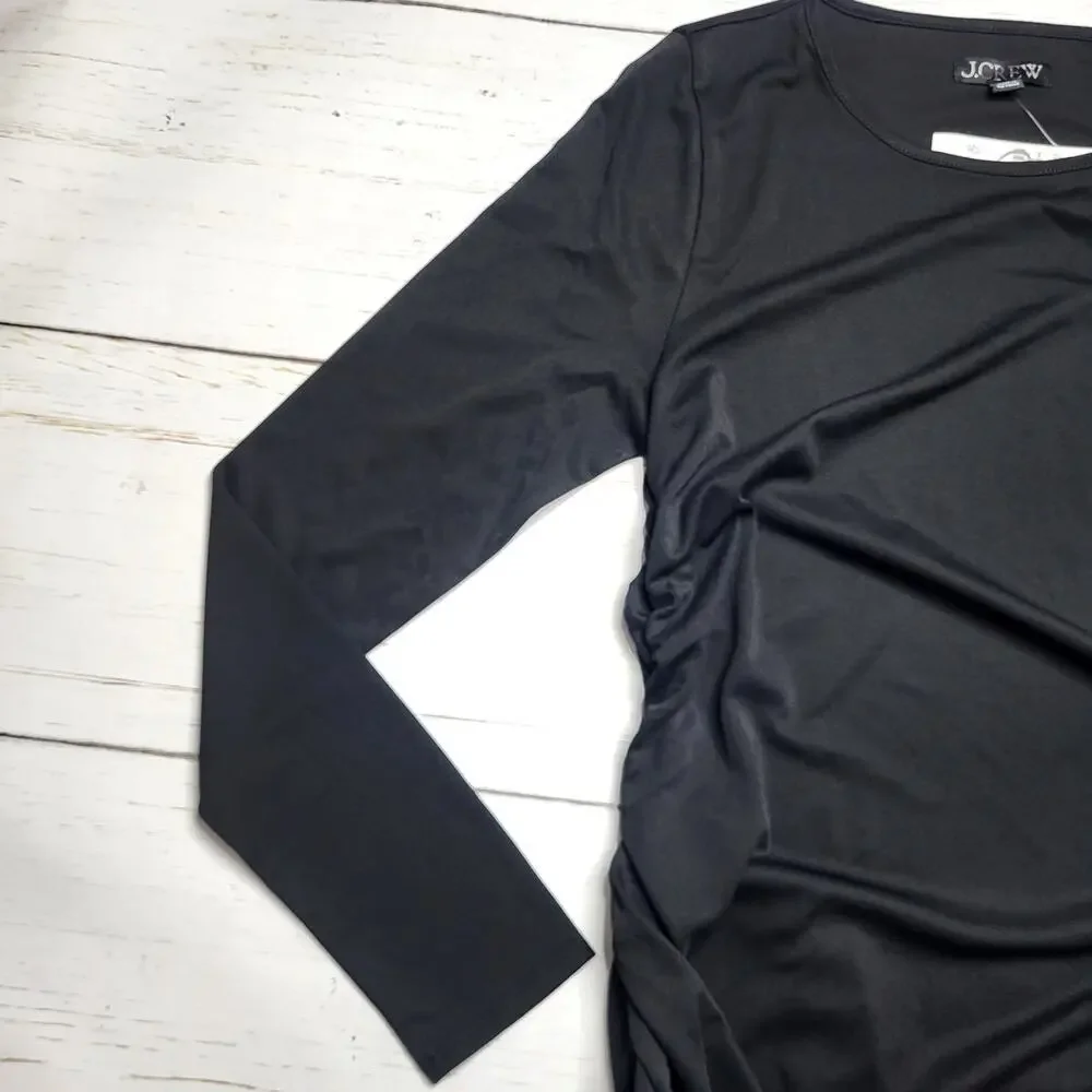 J. Crew Long Sleeve Sheath Midi Dress Jersey Crepe Black Ruched Stretch Medium